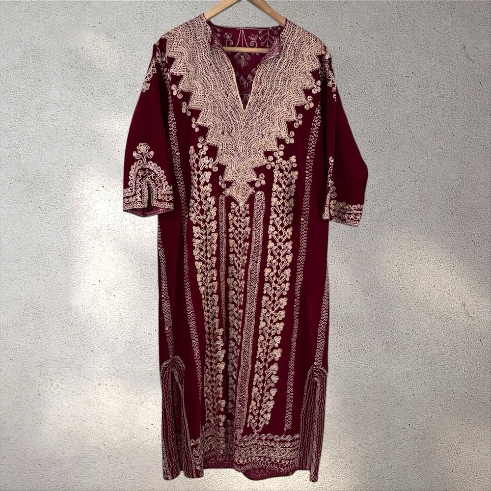 Vintage Handmade Velvet Moroccan Caftan Dress Silver Thread Metallic Traditional